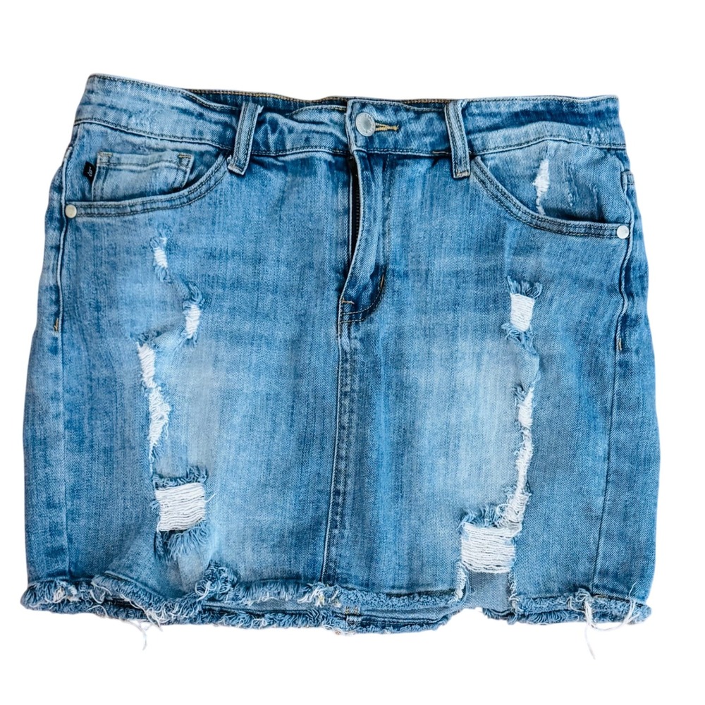 Judy Blue Jean Skirt Distressed Frayed Hem Blue Denim Women Large JB2811